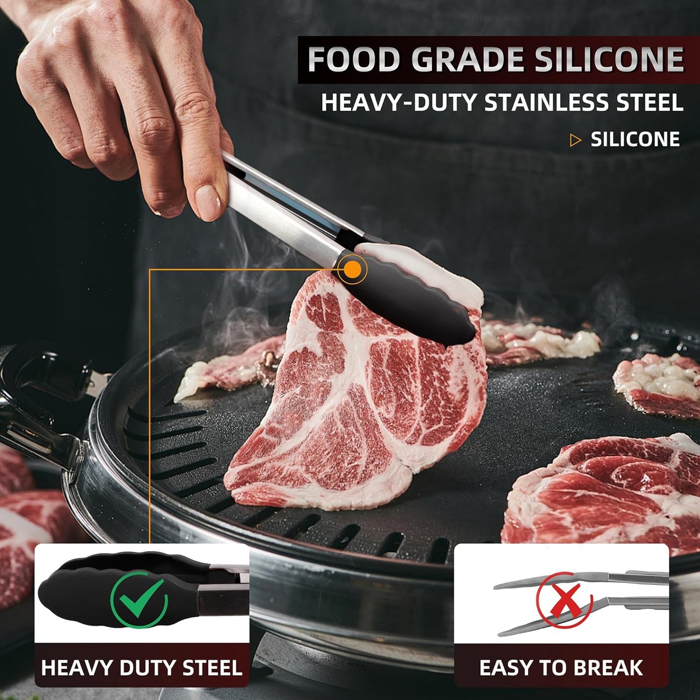 Skiennix Stainless Steel Kitchen Tongs - Non-Stick Silicone Tips, Dishwasher Safe | 7", 9" & 12", Black