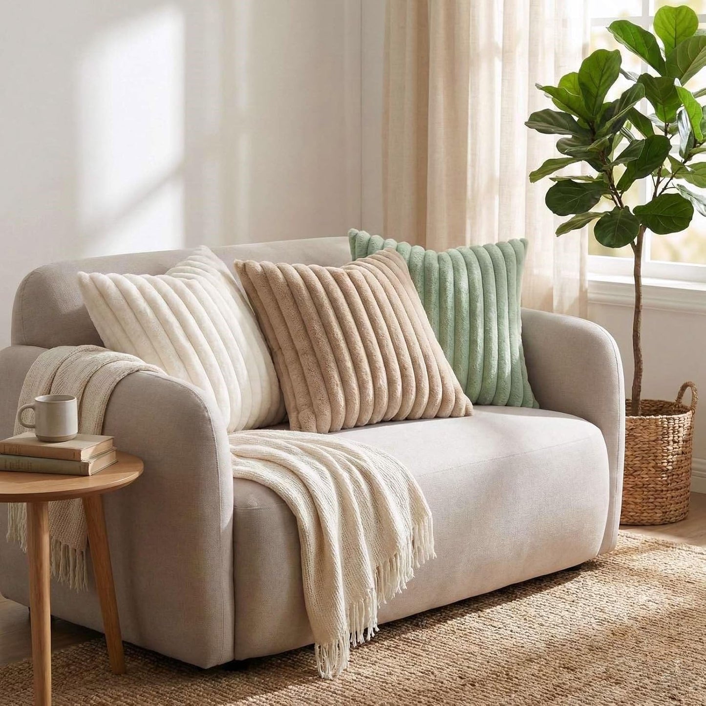 Pallene Faux Fur Throw Pillow Covers - Luxury Soft Fluffy Striped Set of 2 | 18x18 Cream White