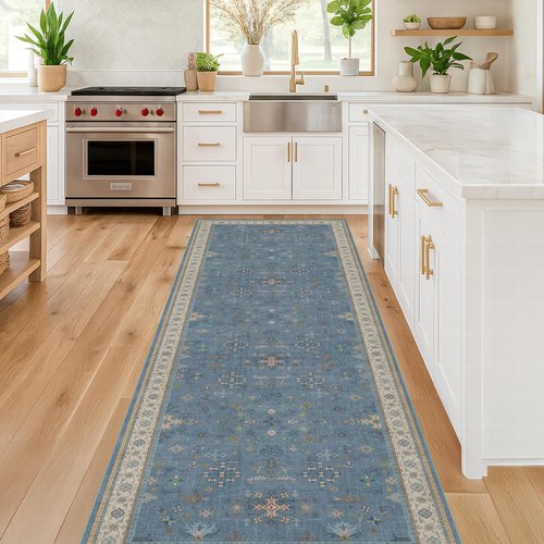 Hazo Haus Light Blue 2x8 Washable Runner - Boho Non-Slip Vintage Floral Rug for Hallway & Kitchen