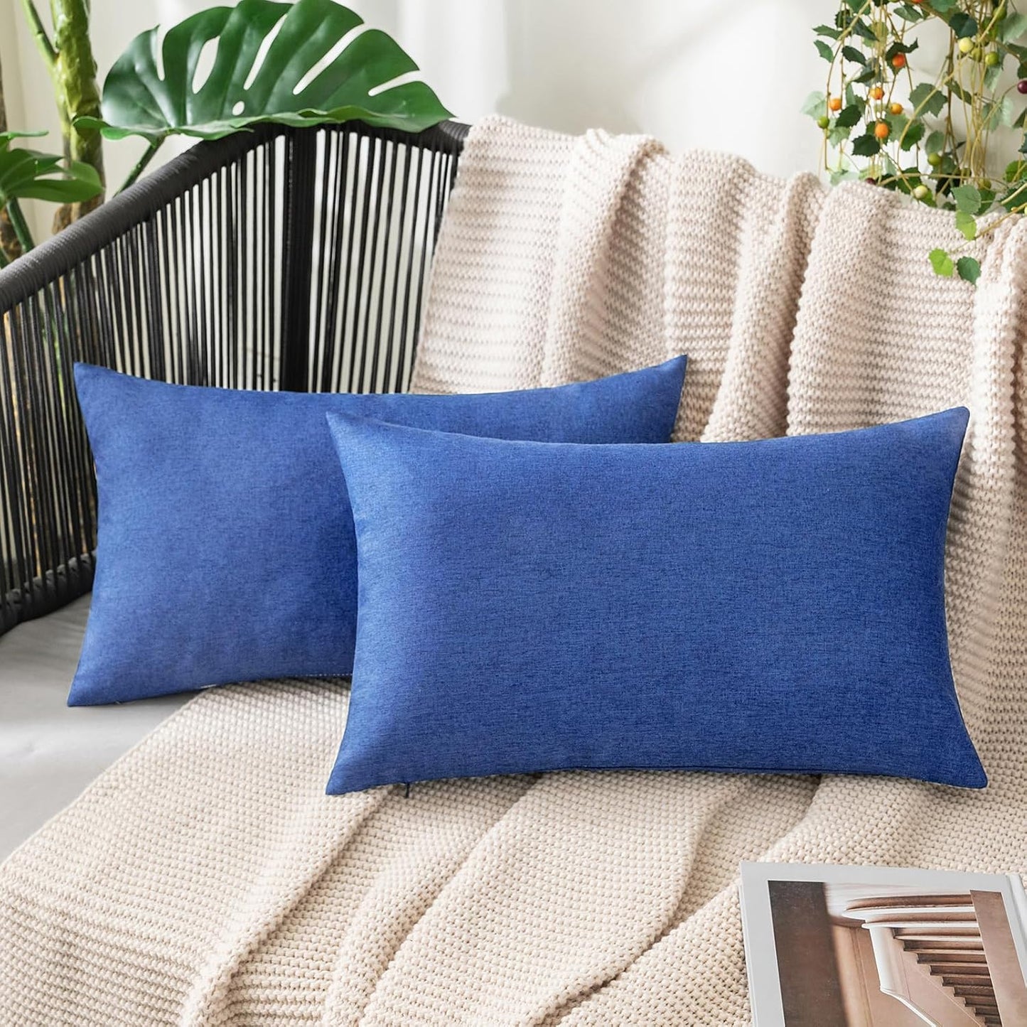 MIULEE Decorative Outdoor Throw Pillow Covers - Waterproof Faux Linen Cushion Cases | 20x12 Inch Royal Blue (Pack of 2)