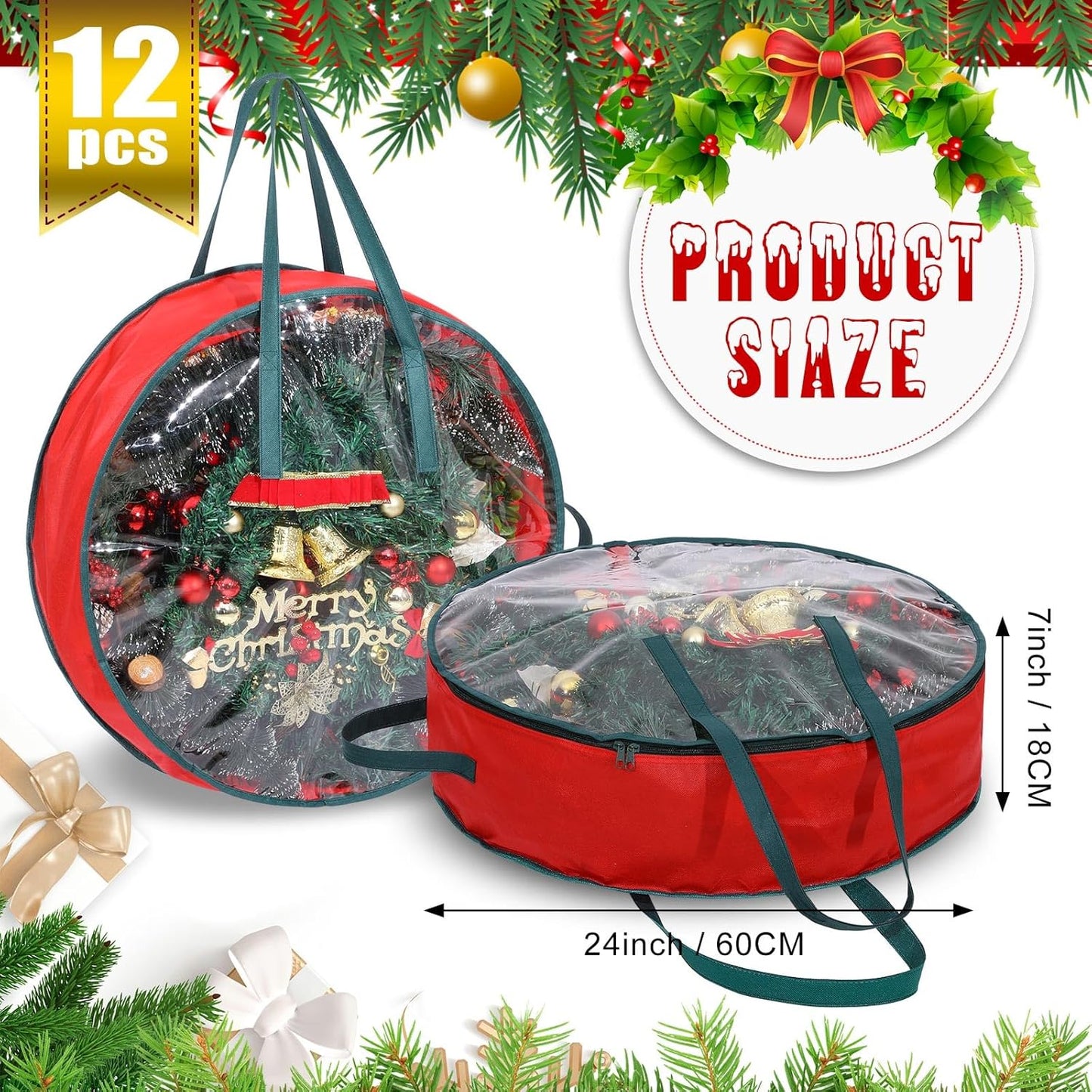 Shappy 12 Pcs Wreath Storage Bag - Clear Window & Handle for Holiday Decor | 24 Inch Containers