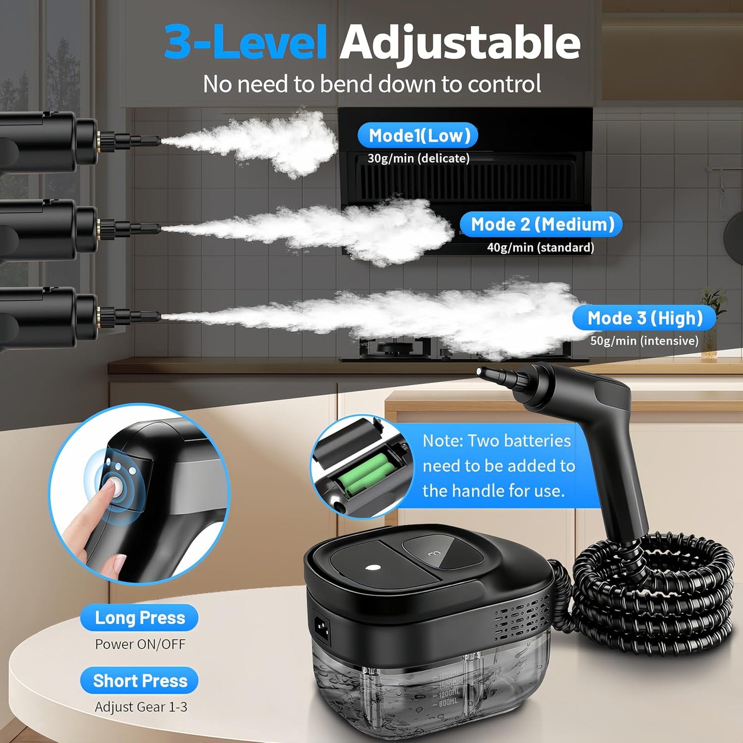Pressurized Handheld Steam Cleaner - 2500W, 54oz Capacity, 3-Level Adjustable Steam & 15 Accessories for Home & Auto