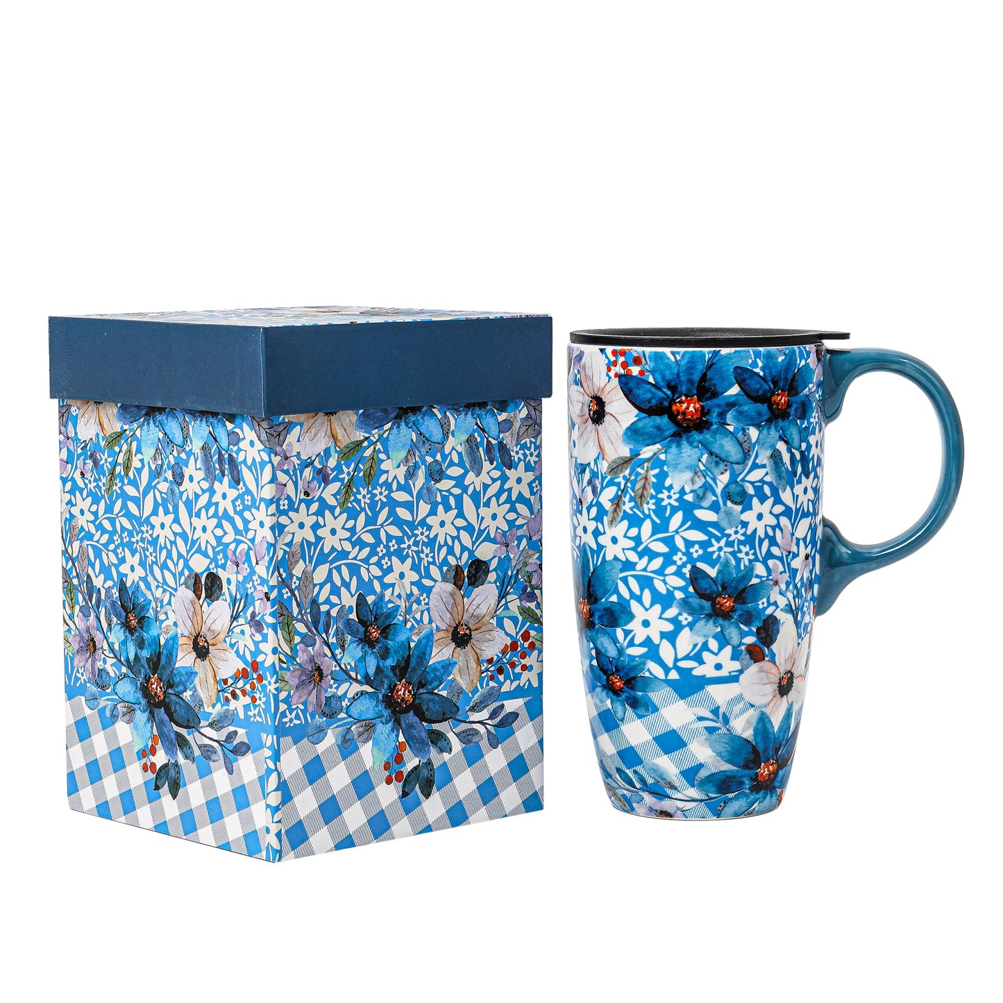 Topadorn Ceramic Coffee Mug Travel Cup Gift with Lid 17oz, Porcelain Tall Tea Cup with Handle for Home & Office, Blue Flower Art Pattern Mug in Gift Box, 6.5''H