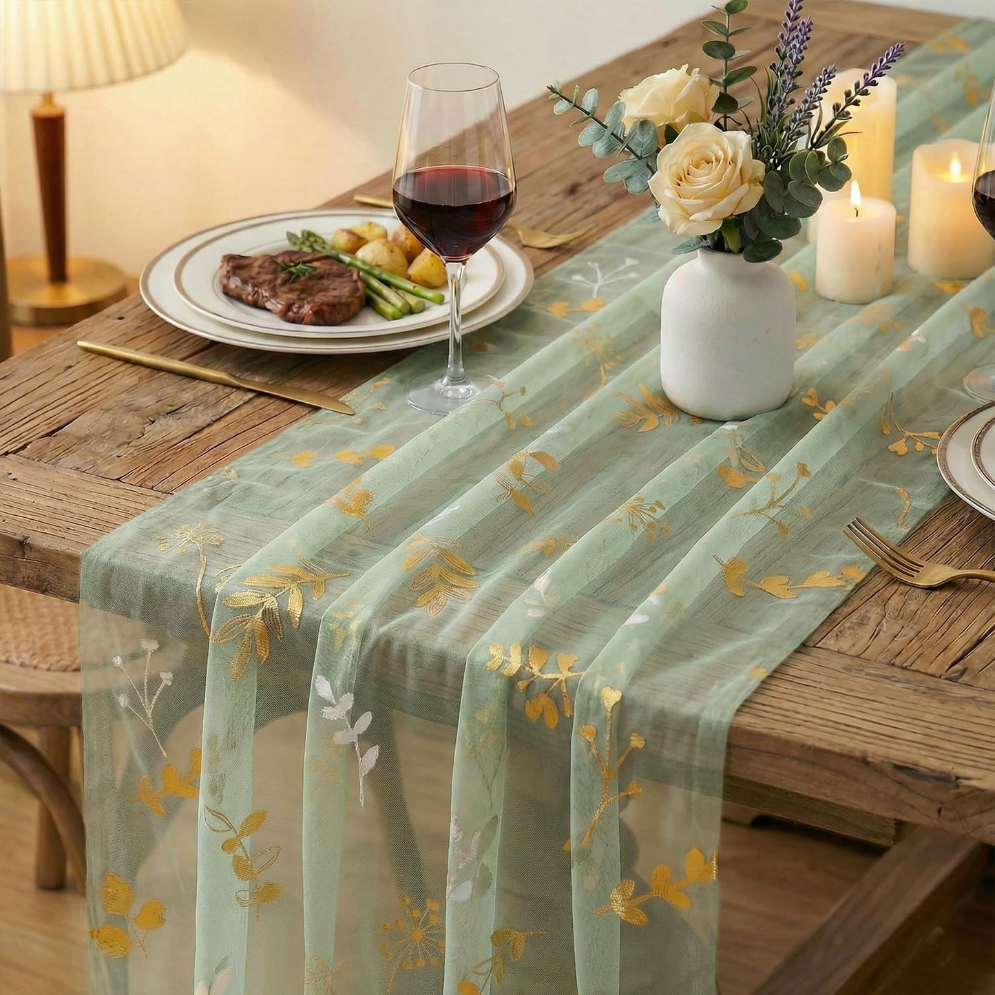 Artoid Mode Gold Floral Leaves Gauze Table Runner 10FT, Glitter Metallic Foil Sheer Dining Wedding Anniversary Birthday Table Decor for Home Party,Sage Green
