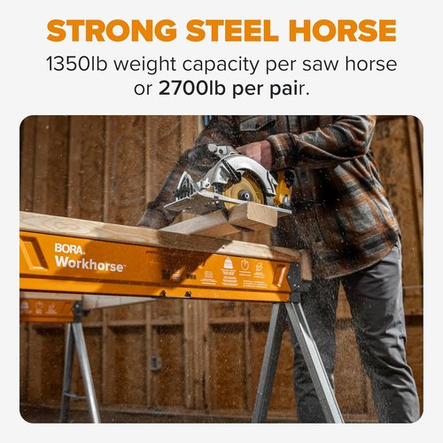 BORA Workhorse Saw Horses - Heavy Duty Folding Metal Sawhorses with Built-In Bottle Opener | 2-Pack