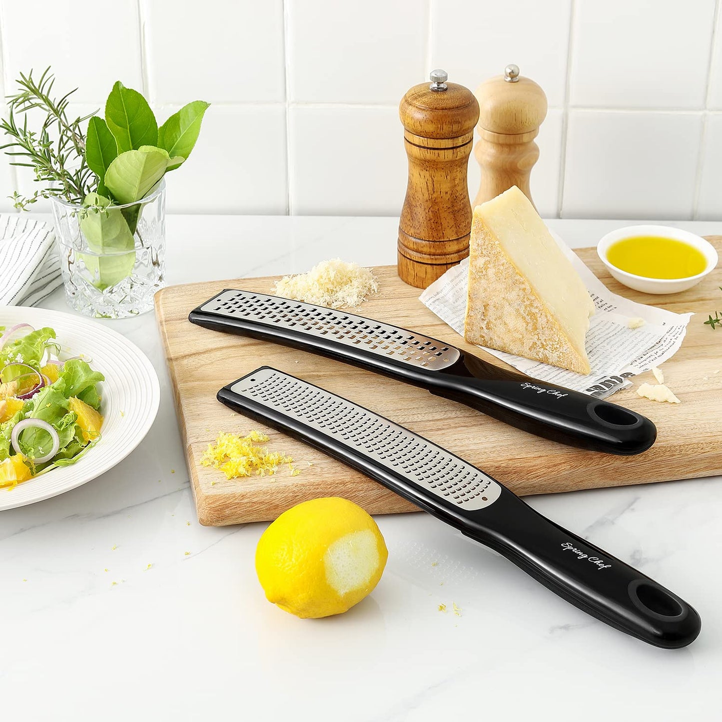 Spring Chef Premium Lemon Zester Grater with Handle - Ginger, Nutmeg, Garlic Grater - Heavy Duty Kitchen Tool - Stainless Steel Citrus Zester with Blade Cover - Fine & Coarse Shred, Set of 2, Black