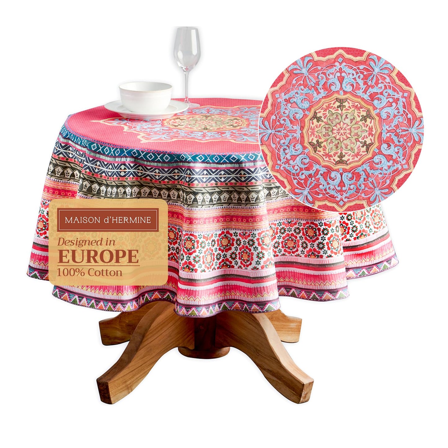 Maison d' Hermine Table Cloth Round Table 100% Cotton 63 Inches Fall Tablecloth Reusable Everyday Use for Thanksgiving Christmas Decorations Dining Farmhouse Party (Ispahan)