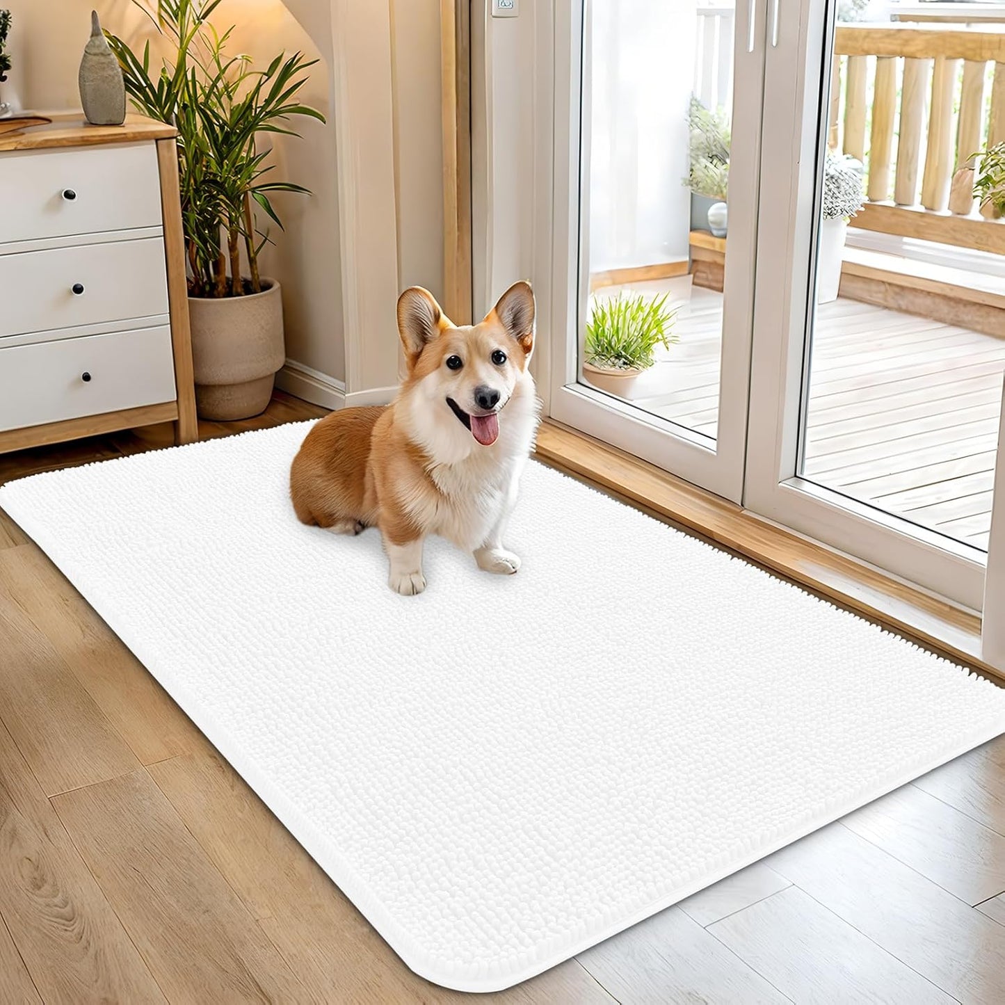 OLANLY Dog Door Mat - Absorbent Non-Slip Chenille Mat for Muddy Paws | 45x27 Inches, Quick Dry, White