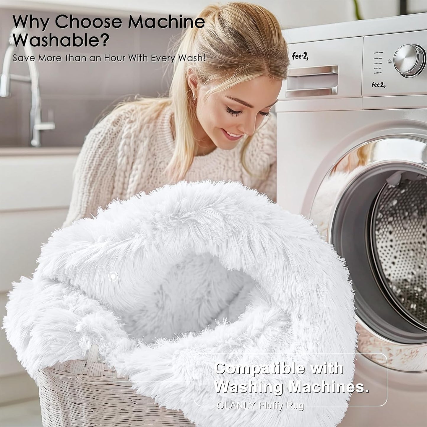 OLANLY Soft Fluffy Shaggy Area Rug - 4x5 Machine Washable Accent Rug for Bedroom & Living Room | White