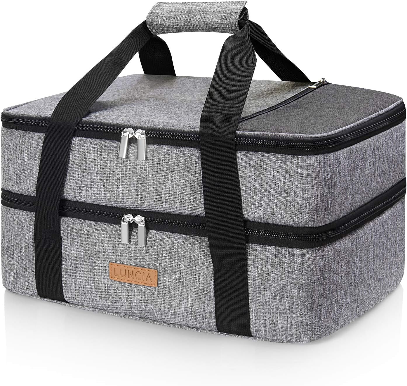 LUNCIA Insulated Casserole Carrier - Double Decker Thermal Tote Keeps Food Hot or Cold | Fits 9" x 13" Dish, Grey