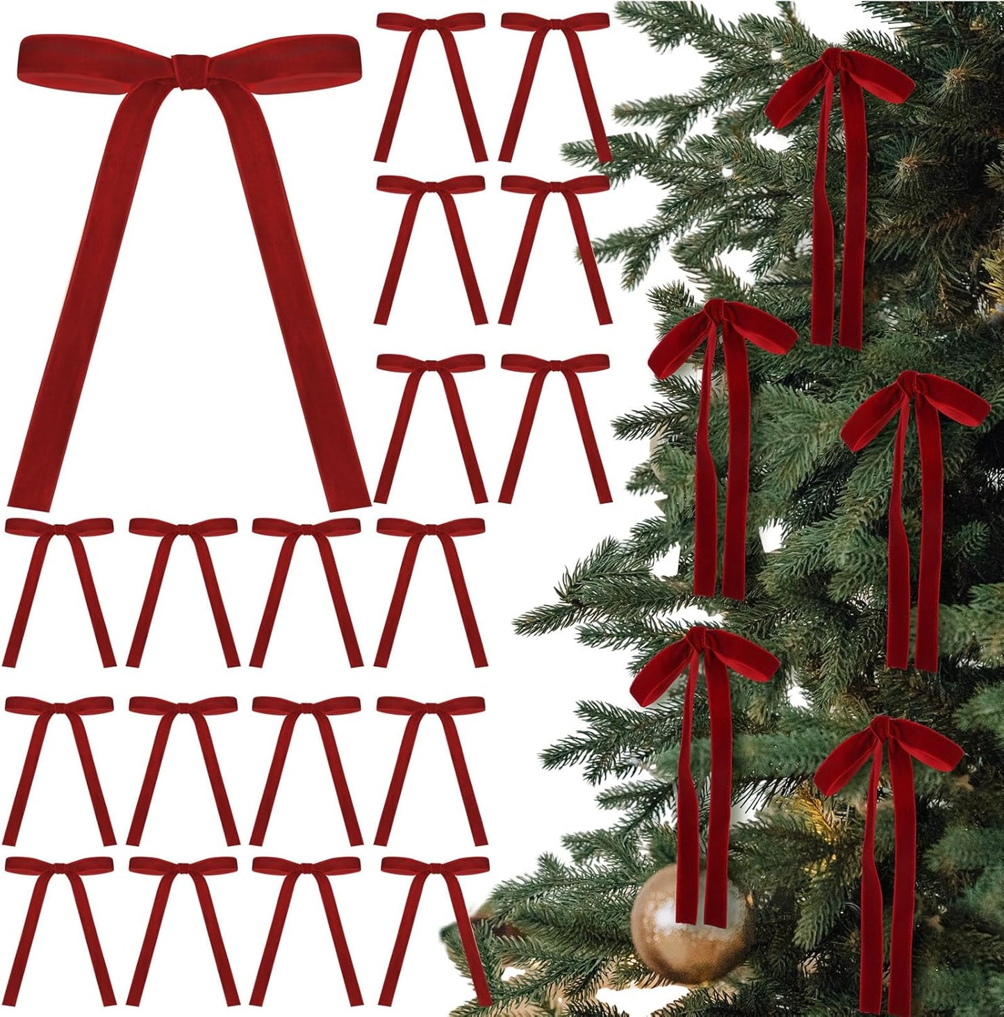 Skiennix 24 Pcs Velvet Bows - Vintage Ribbon Bows for Christmas Tree & Crafts | Dark Red, 5 x 7 Inch