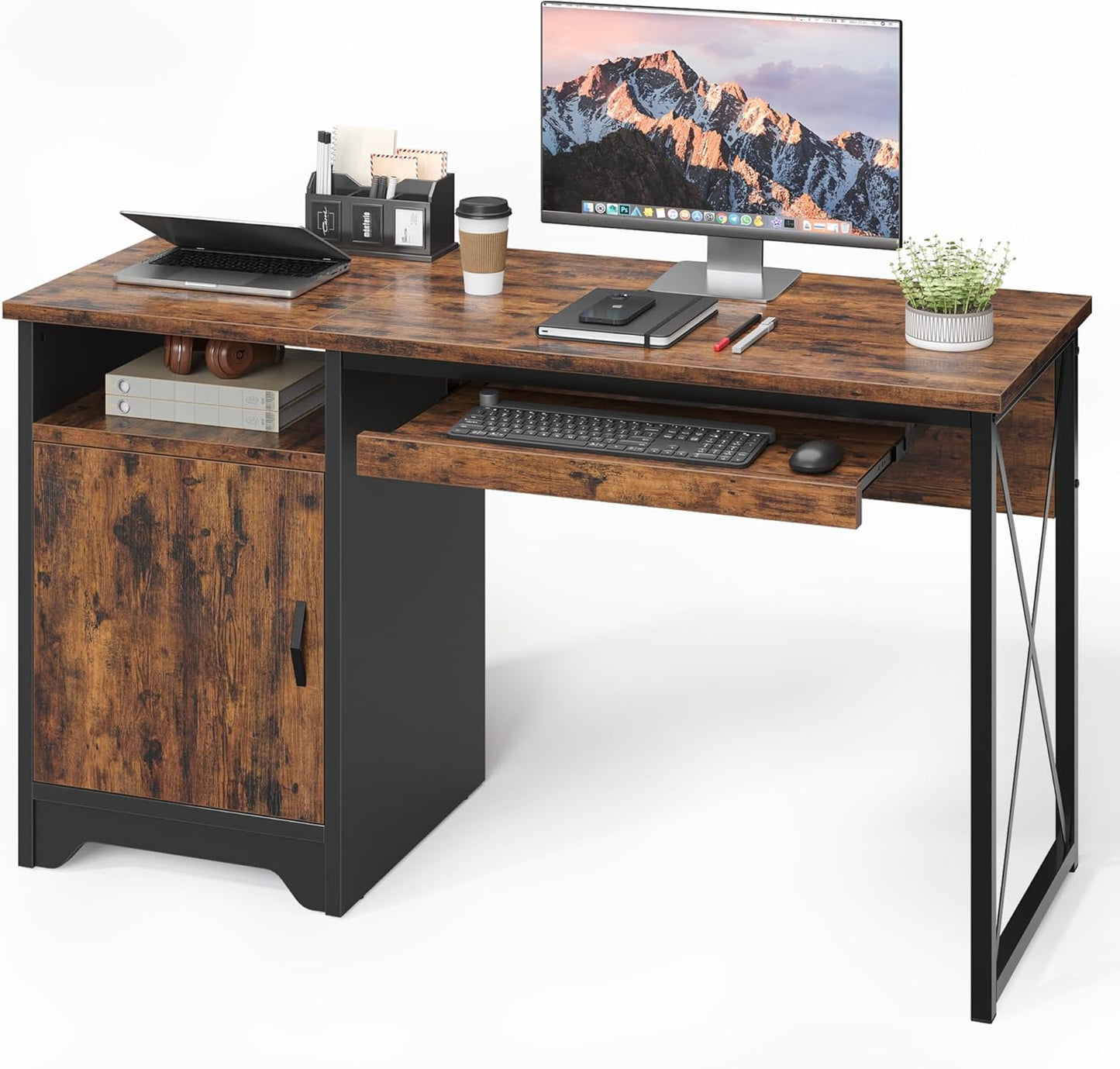 Bestier Office Desk - 47-Inch Industrial Computer Desk with Keyboard Tray & Storage | Rustic Brown
