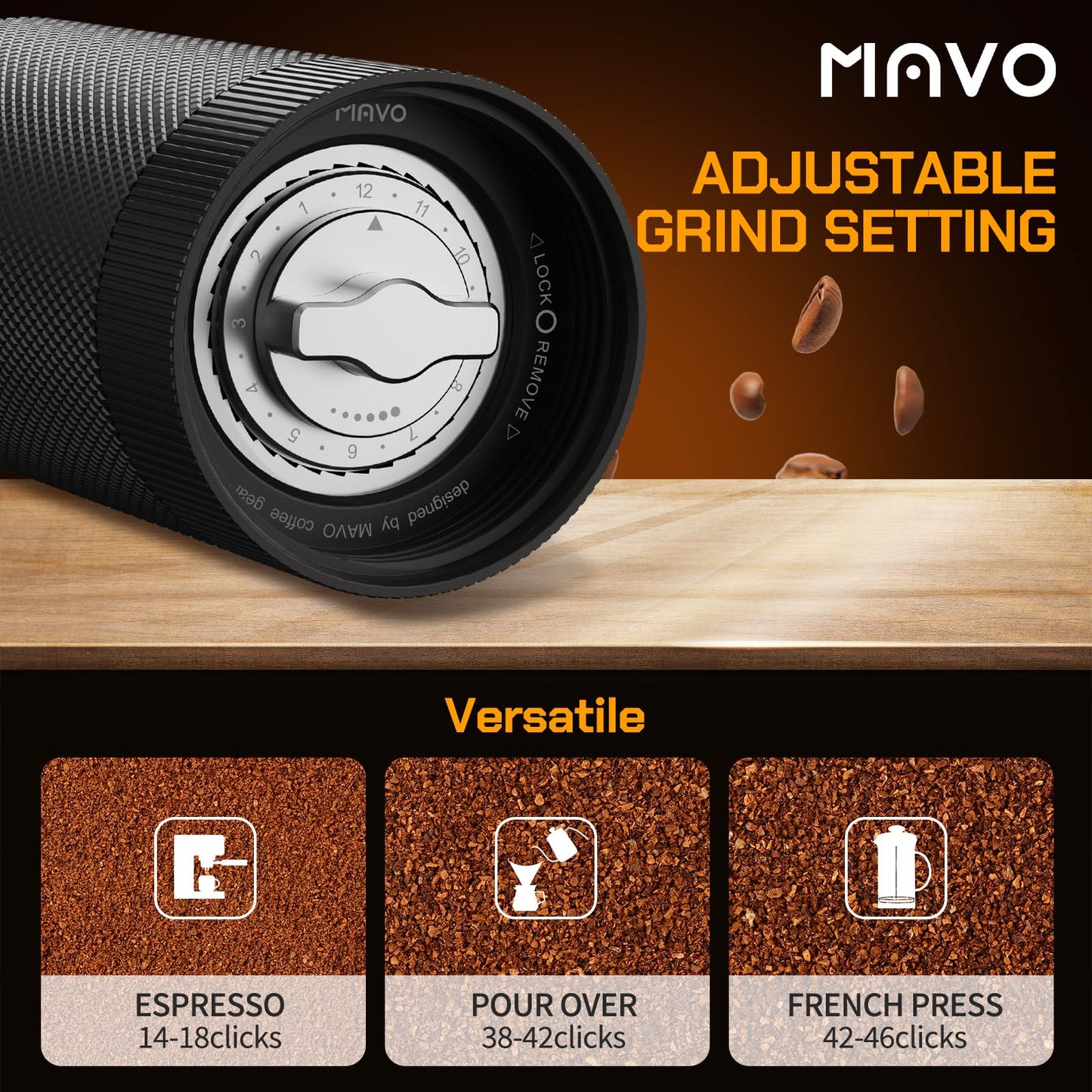 MAVO Manual Coffee Grinder, Wizard Hand Coffee Grinder, Capacity 25g with CNC Stainless Steel Pentagon Conical Burr, Adjustable Setting, Burr Coffee Bean Grinder for French Press, Pour Over, Silver