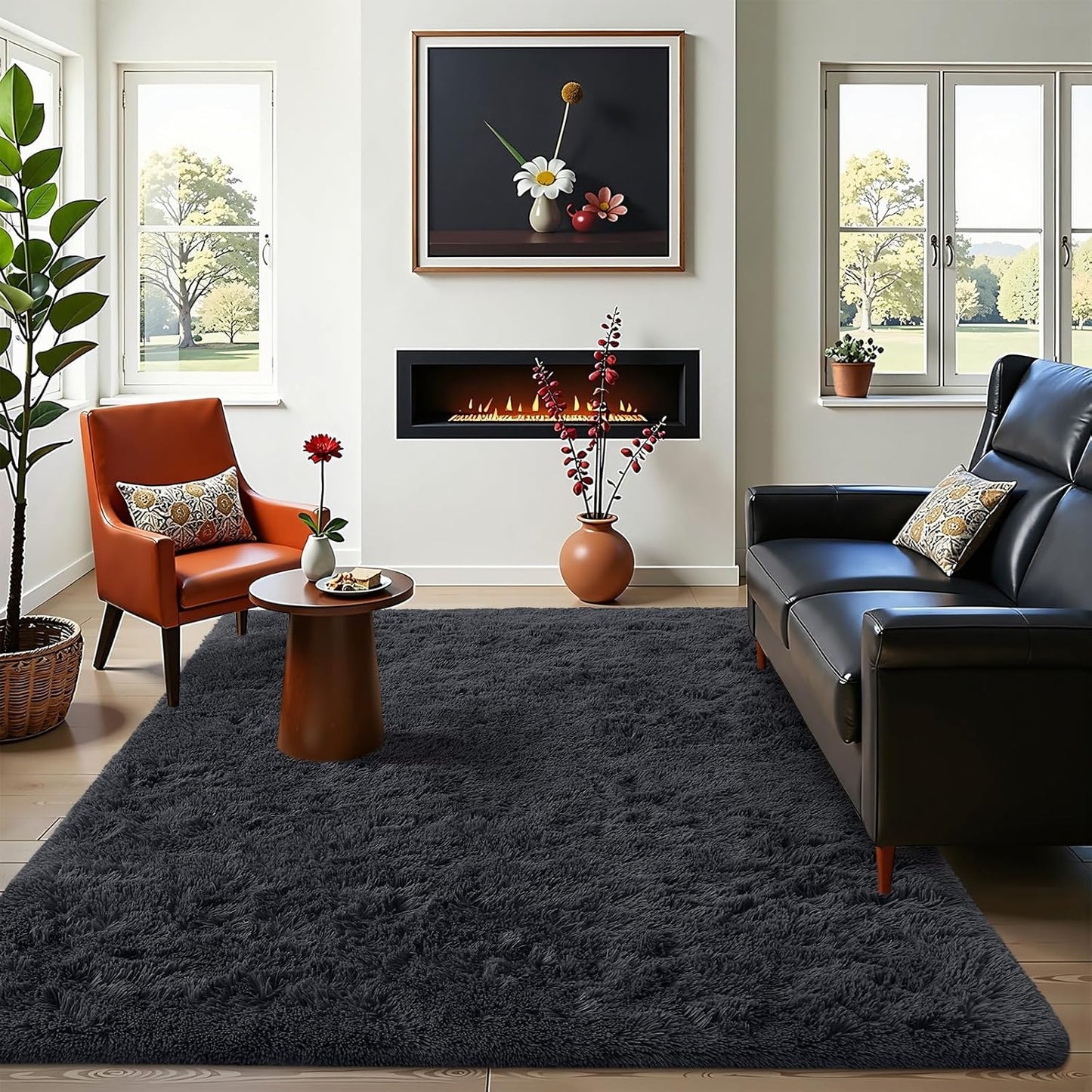 OLANLY Area Rugs - Soft Fluffy Shaggy Indoor Carpet for Living Room & Bedroom | 4x5.9 ft Black