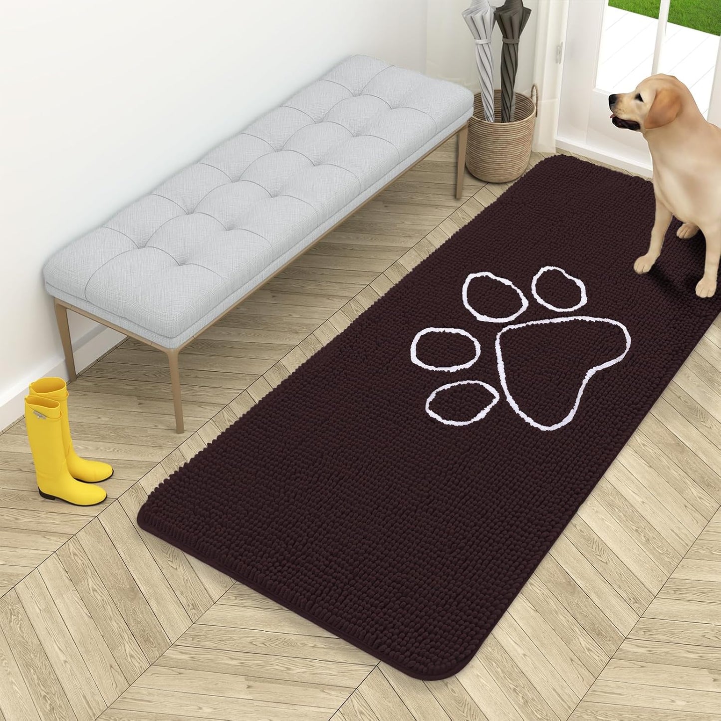 OLANLY Dog Door Mat - Absorbent Non-Slip Chenille for Muddy Paws | 54x24, Brown Paw Print Design