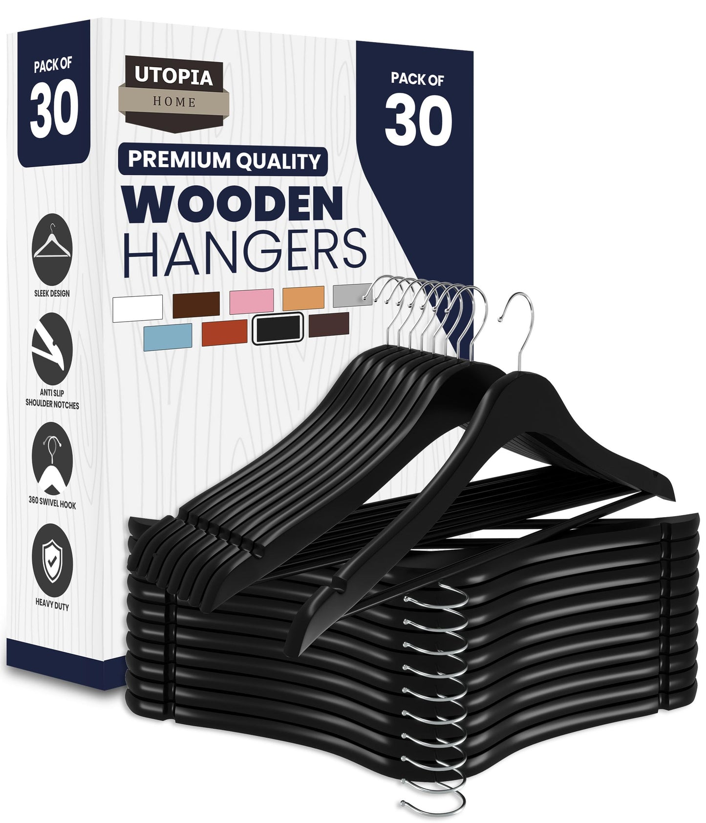 Utopia Home Premium Wooden Hangers 30 Pack - Durable & Slim Coat Hanger - Suit Hanger with 360-Degree Rotatable Hook - Wood Hangers with Shoulder Grooves (Black)