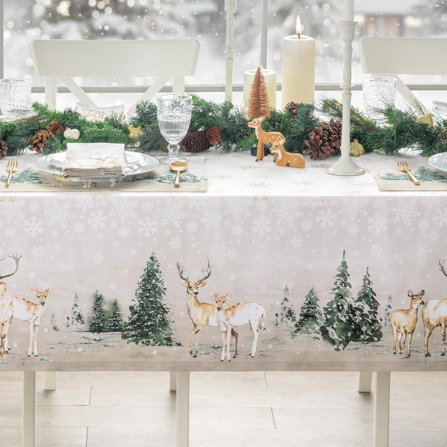 Maison d' Hermine Table Cloth Rectangle Table 100% Cotton 70 x 120 Inches Fall Tablecloth Reusable Everyday Use for Thanksgiving Christmas Decorations Dining Farmhouse Party (Deer in The Woods)