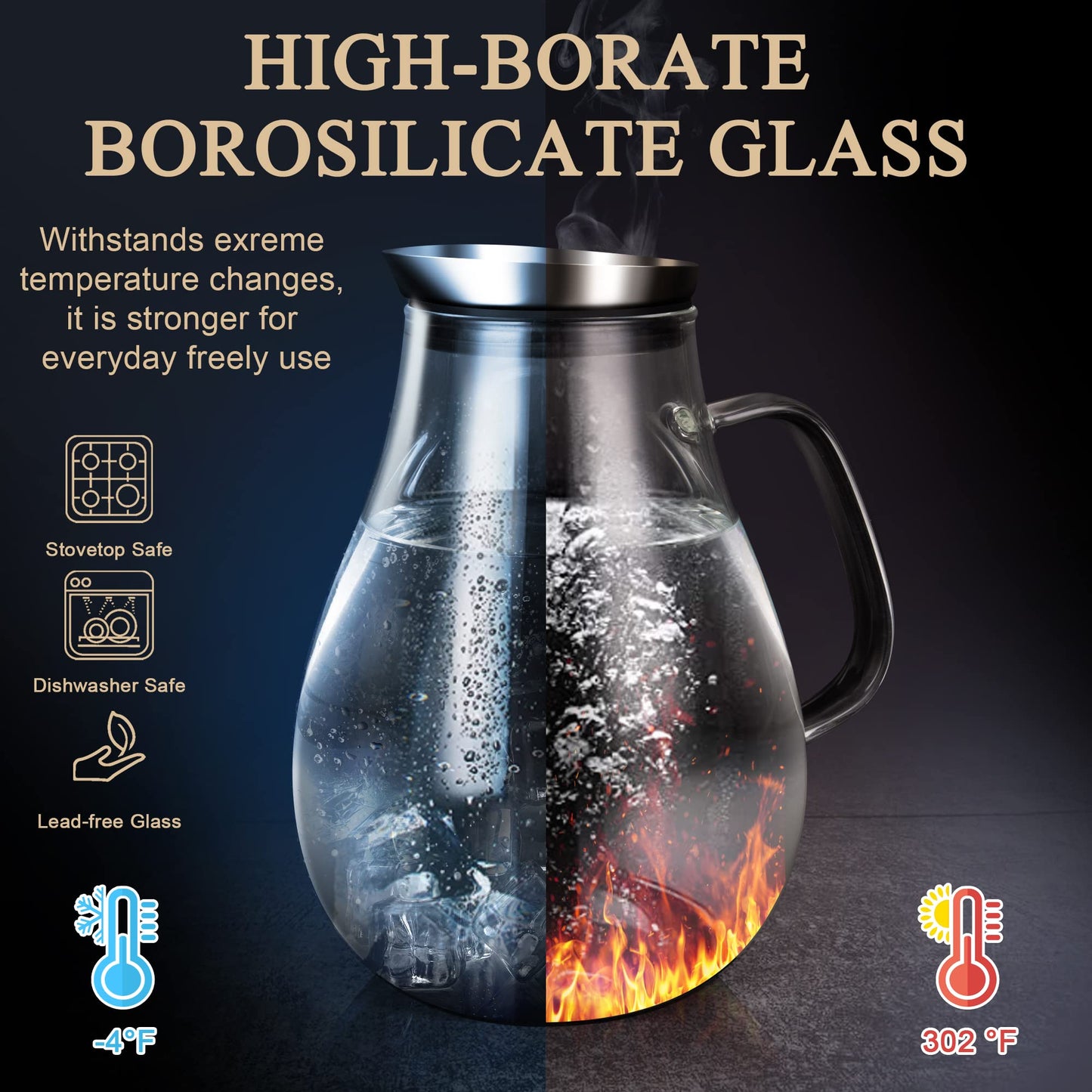 SUSTEAS 2 Liter Glass Pitcher, Water Pitcher with Removable Lid And Wide Handle, Easy Clean Juice Jug for Fridge, Beverage Carafe for Cold/Hot Water, Iced Tea, 1 Long-Handled Brush Included