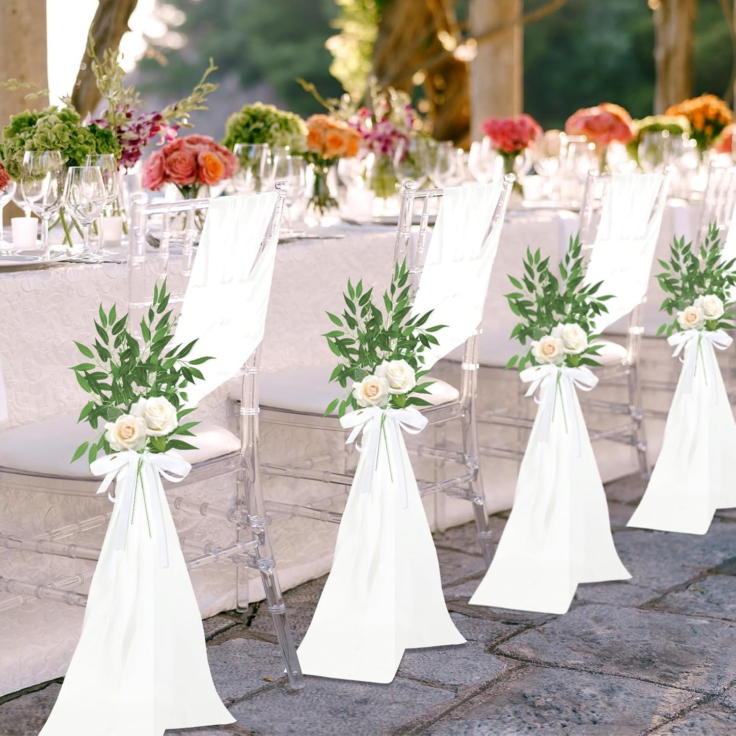 VitalCozy Wedding Aisle Chair Decorations - 12 Sets White Sashes with Artificial Ruscus & Chiffon for Ceremonies