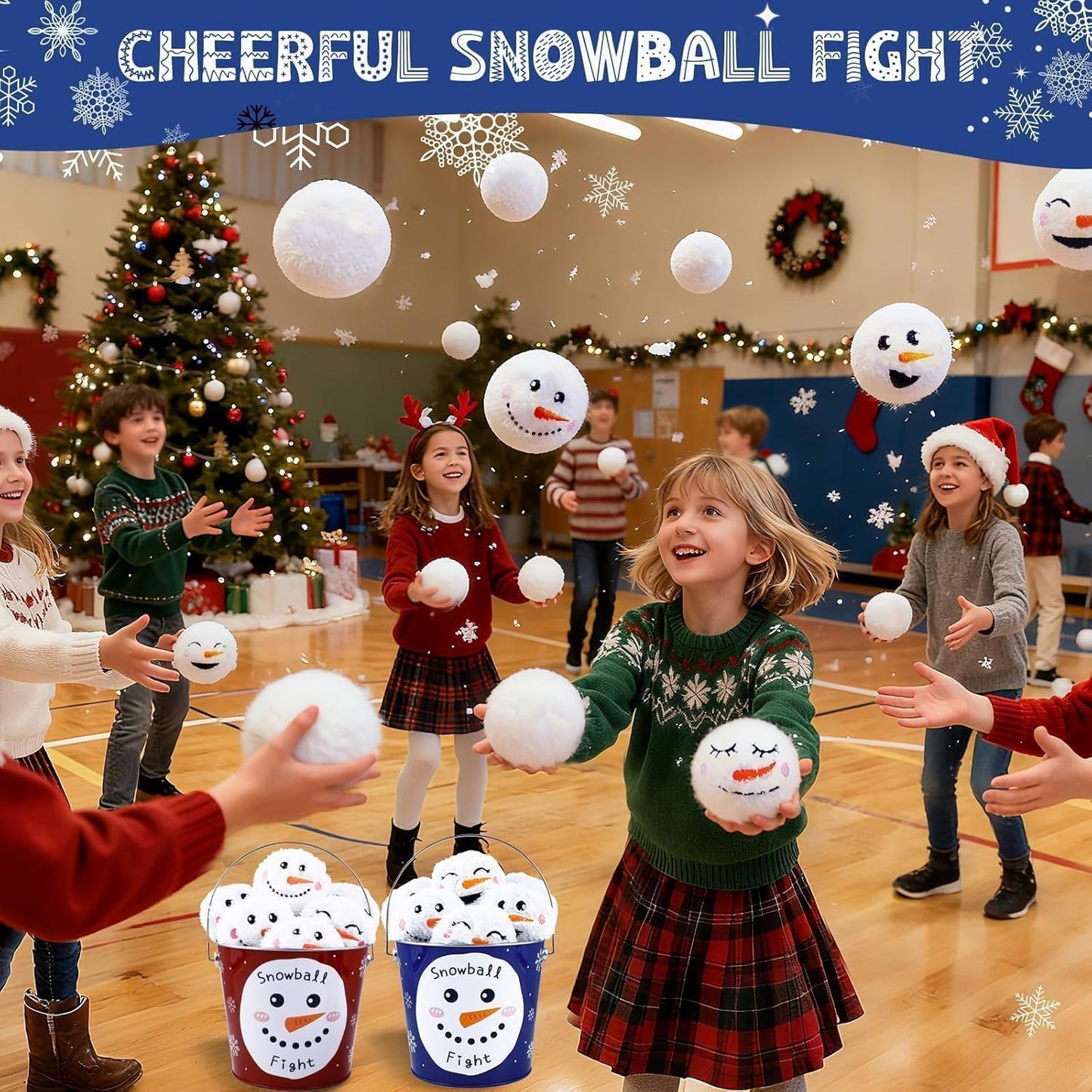 Snow Fake Balls - 2.8 Inch Smiling Snowman Face Snowballs | Metal Bucket for Indoor/Outdoor Winter Fun