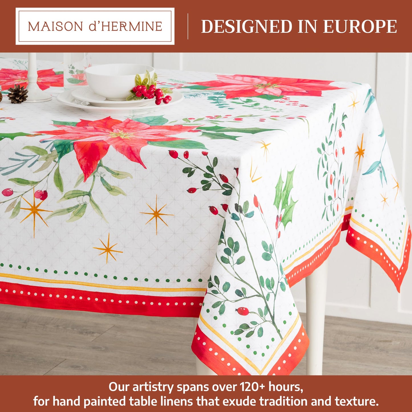 Maison d' Hermine Table Cloth Rectangle Table 100% Cotton 60 x 90 Inches Fall Tablecloth Reusable Everyday Use for Thanksgiving Christmas Decorations Dining Farmhouse Party (Poinsettia Christmas)