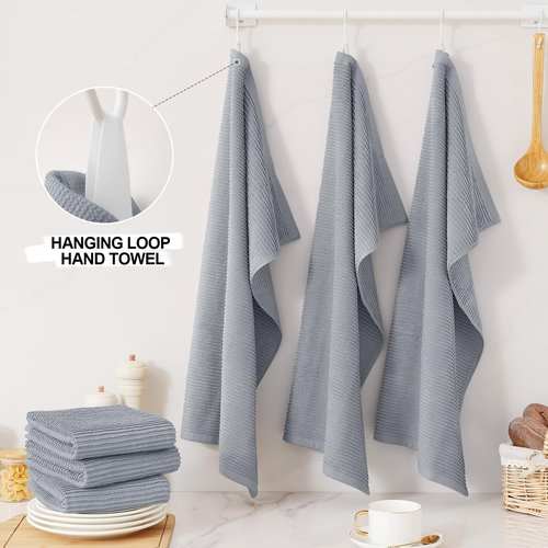 Homaxy Premium Kitchen Towels (18"x 28", 6 Pack), Large 100% Cotton Kitchen Hand Towels, Ultra Absorbent Ribbed Terry Tea Towels Set with Hanging Loop, Grey