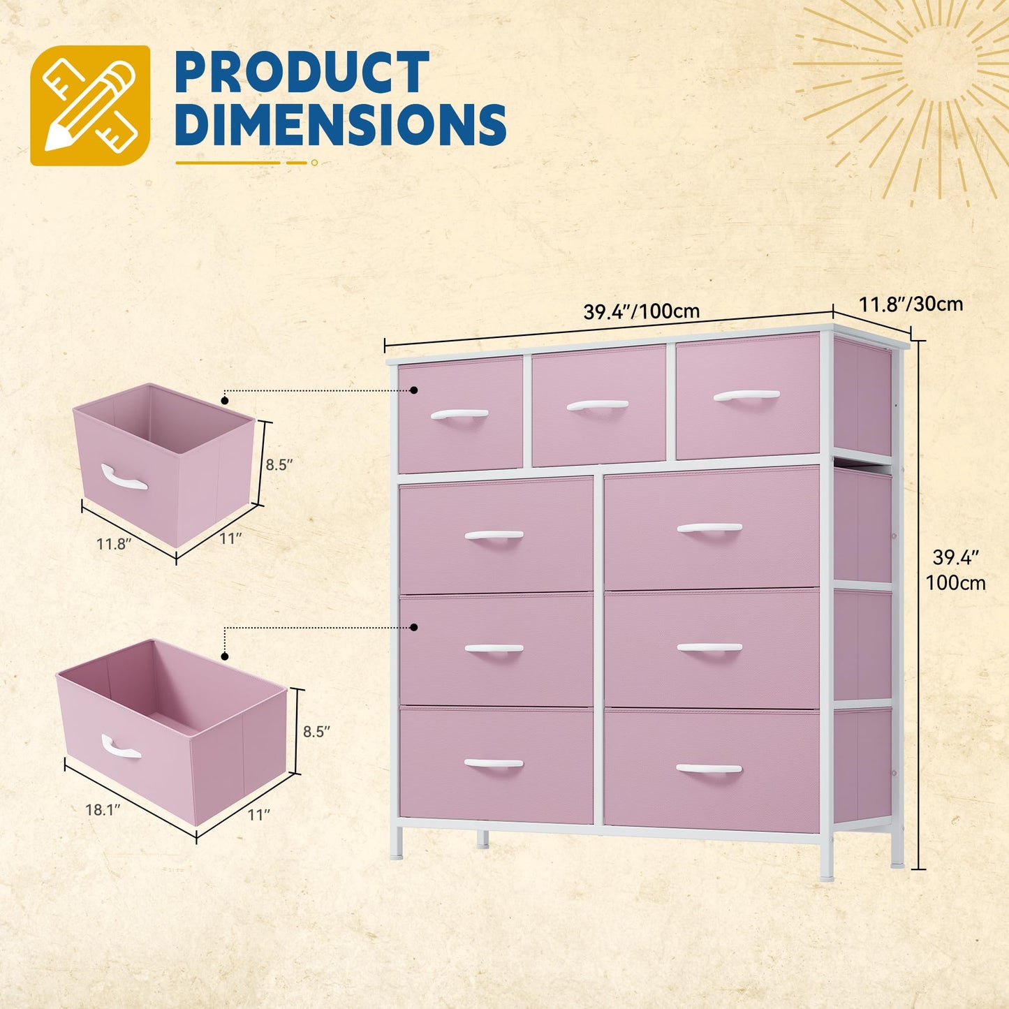 DWVO Dresser with 9 Drawers, Fabric Storage Dresser, Closet Dresser & Chest of Drawers for Living Room, Closets - Sturdy Steel Frame, Wooden Top & Easy Pull Fabric Bins(Pink)