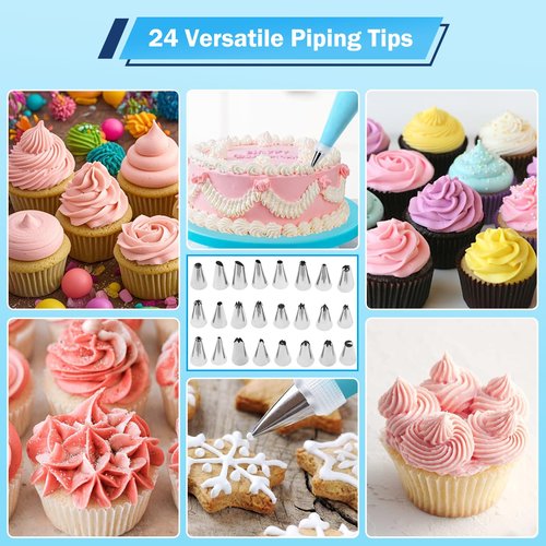 FATUXZ Piping Bags and Tips Set, Cake Decorating Kit with 2 Reusable Piping Bags, 24 Icing Tips, 2 Couplers, 3 Scrapers 2 Silicone Rings, Cupcake Decorating Kits Cake Piping Tips Frosting Piping Kit