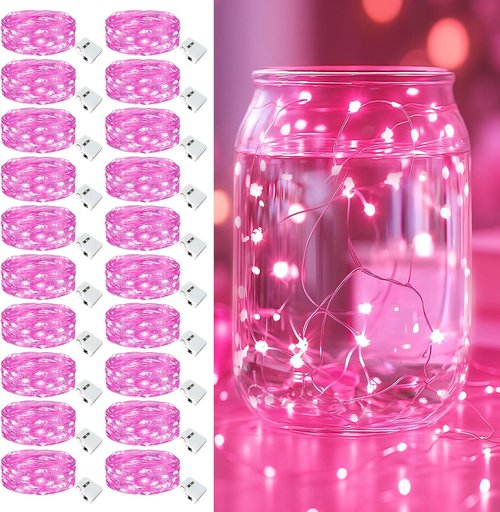 20 Pack Fairy Lights - 7ft Battery Operated LED Twinkle Lights | Waterproof Mini String Lights for DIY Party & Wedding Decor - Pink