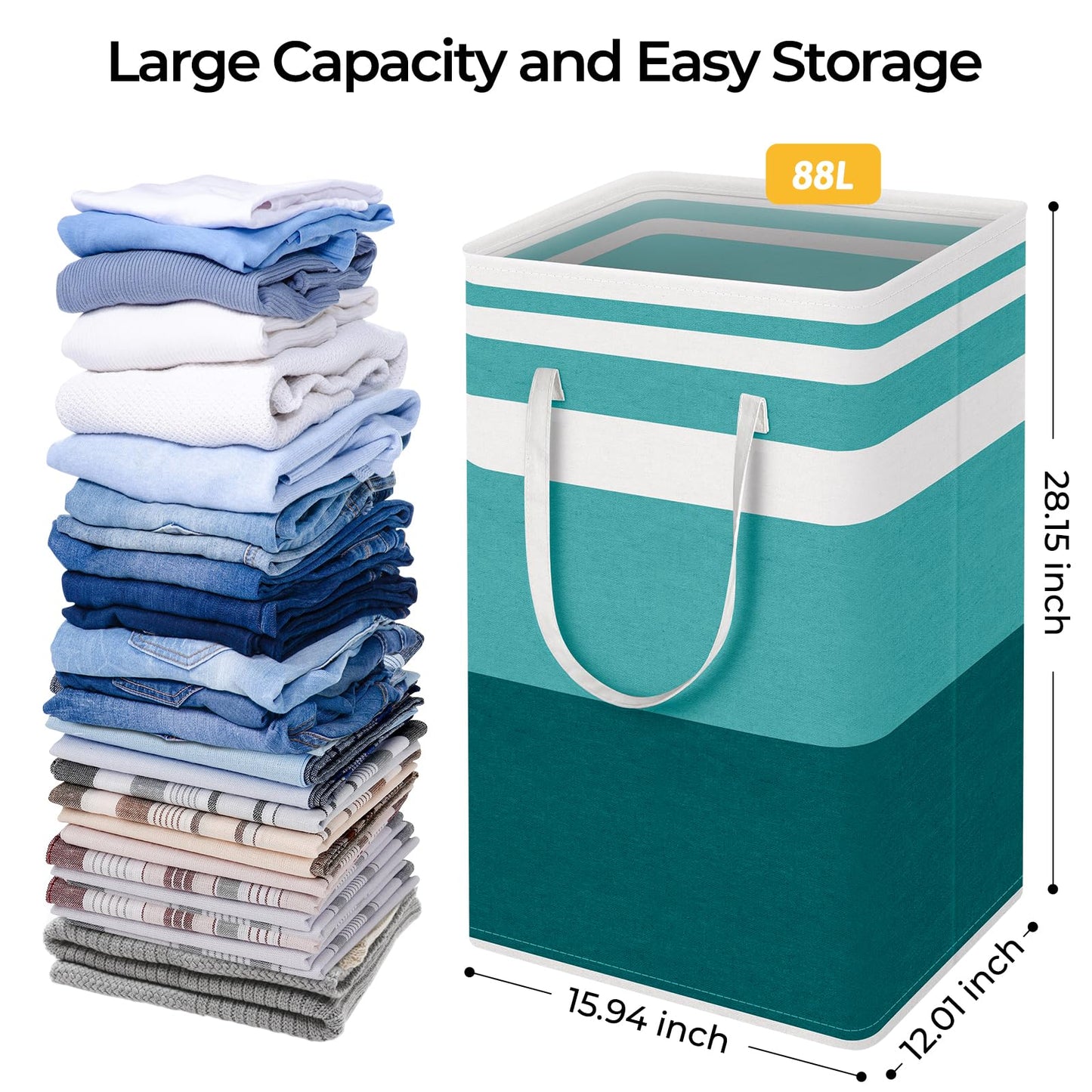 HomeHacks 2-Pack Large Laundry Basket, Waterproof, Freestanding Laundry Hamper, Collapsible Tall Clothes Hamper with Extended Handles for Clothes Toys in the Dorm and Family (Green, 88L)