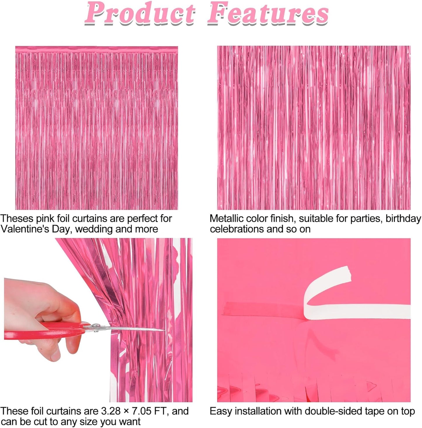 Skiennix Pink Backdrop - 8 Pack Metallic Foil Curtains for Birthday & Valentine's Day | 3.28 FT x 7.05 FT