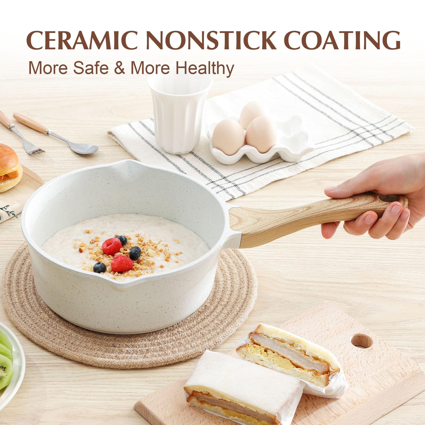 SENSARTE White Ceramic Nonstick Saucepan with Double Spout 3.0 Quarts, Cooking Pot with Stay Cool Handle, Induction Compatible Saucepot, White Granite Coating, Free of Intentionally Added PFOA/PFAS
