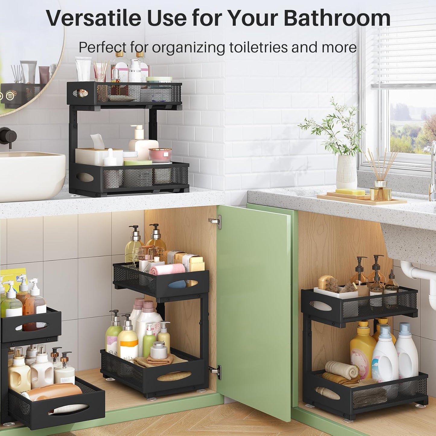 Under Sink Organizer - 2 Tier Pull-Out Cabinet Storage Baskets with Mesh Drawers | Versatile for Kitchen, Bathroom, Office