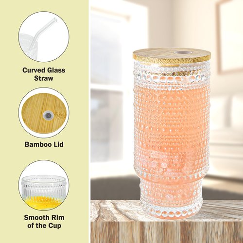 Icesip 4 Pcs 16 oz Glasses Cups with Bamboo Lids Straws Brush Hobnail Glass Tumbler with Straw and Lid for Juice Iced Coffee Soda Cocktail Juice