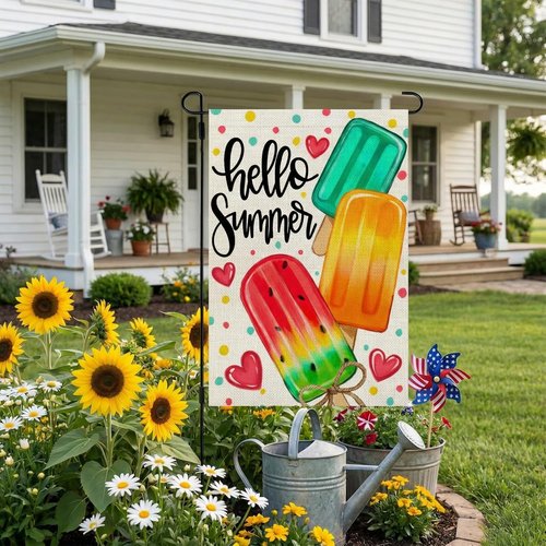 Crowned Beauty Summer Garden Flag - Double-Sided Popsicles Design | 12x18 Inches Burlap Yard Decor