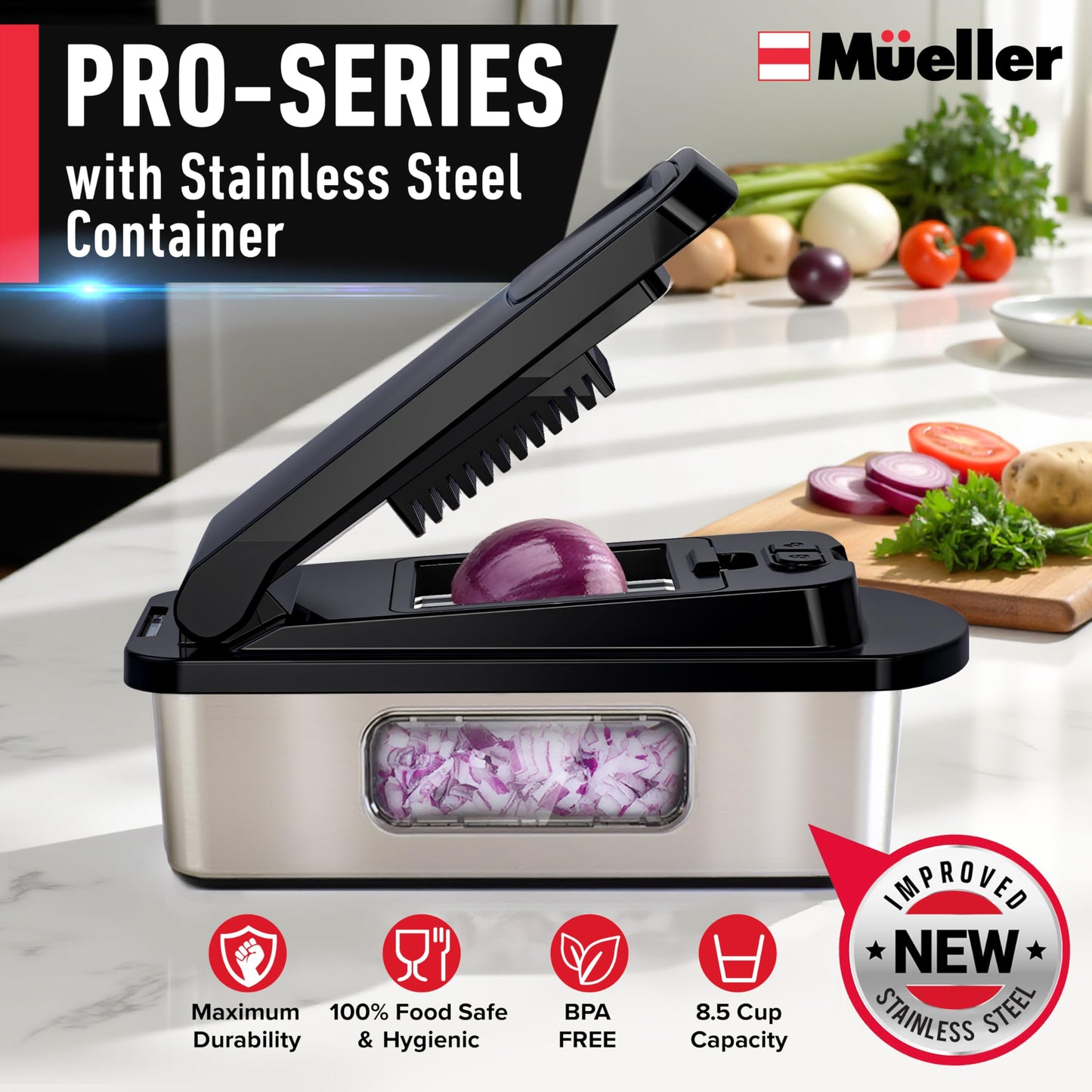 Mueller Pro-Series 10-in-1, 8 Blade Stainless Steel Multi Vegetable Chopper And Mandoline Slicer, Kitchen Tools and Gadgets, Food and Veggie Chopper, Mincer, Dicer, French Fry Cutter, Black