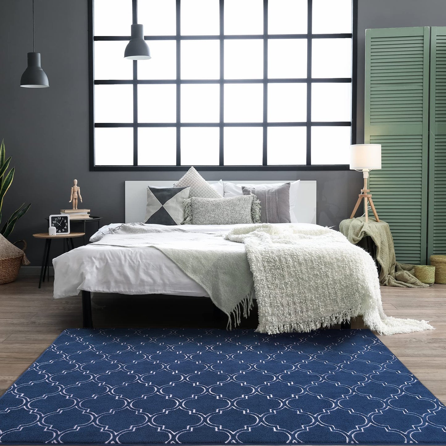 Chicrug Shag Geometric Modern Area Rug for Bedroom, 5x7 Feet Memory Foam Indoor Carpet, Fluffy Rug for Living Room Bedside Room Decor for Family Girls Kids Nursery Play Mat, Navy/White