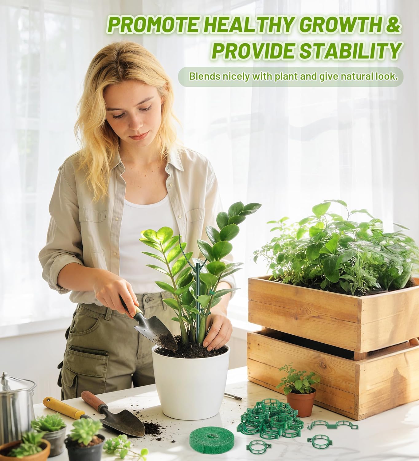 Skiennix Plant Support Stakes - 6 Stackable Poles with 20 Clips & Tie for Monstera Climbing Plants, Green
