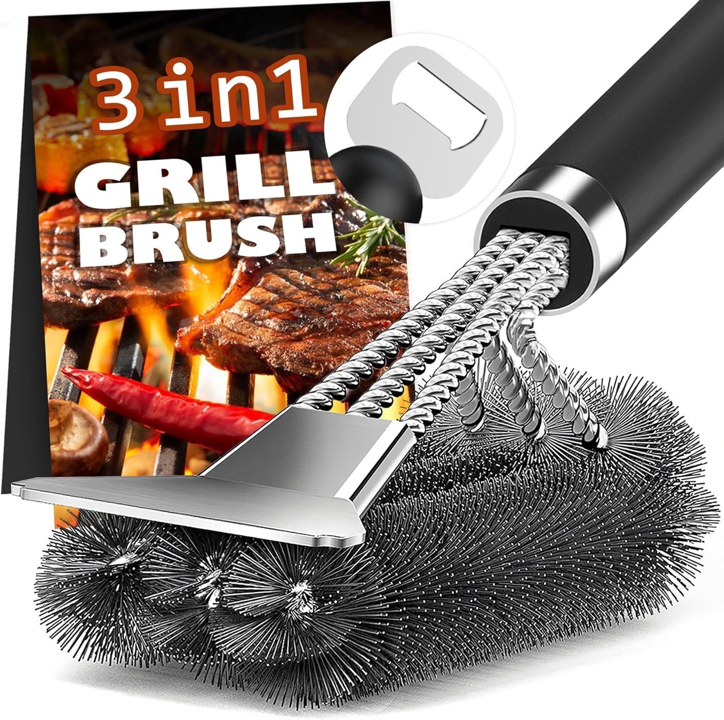 Skiennix Grill Brush and Scraper - 18" Adjustable Handle for Safe BBQ Cleaning | Extra Strong Tool for Gas & Charcoal Grates