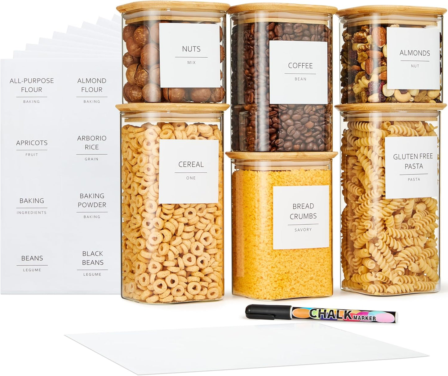 Talented Kitchen Glass Food Storage Containers - Airtight & Stackable Square Jars | Pack of 6, 24/37/51 fl oz