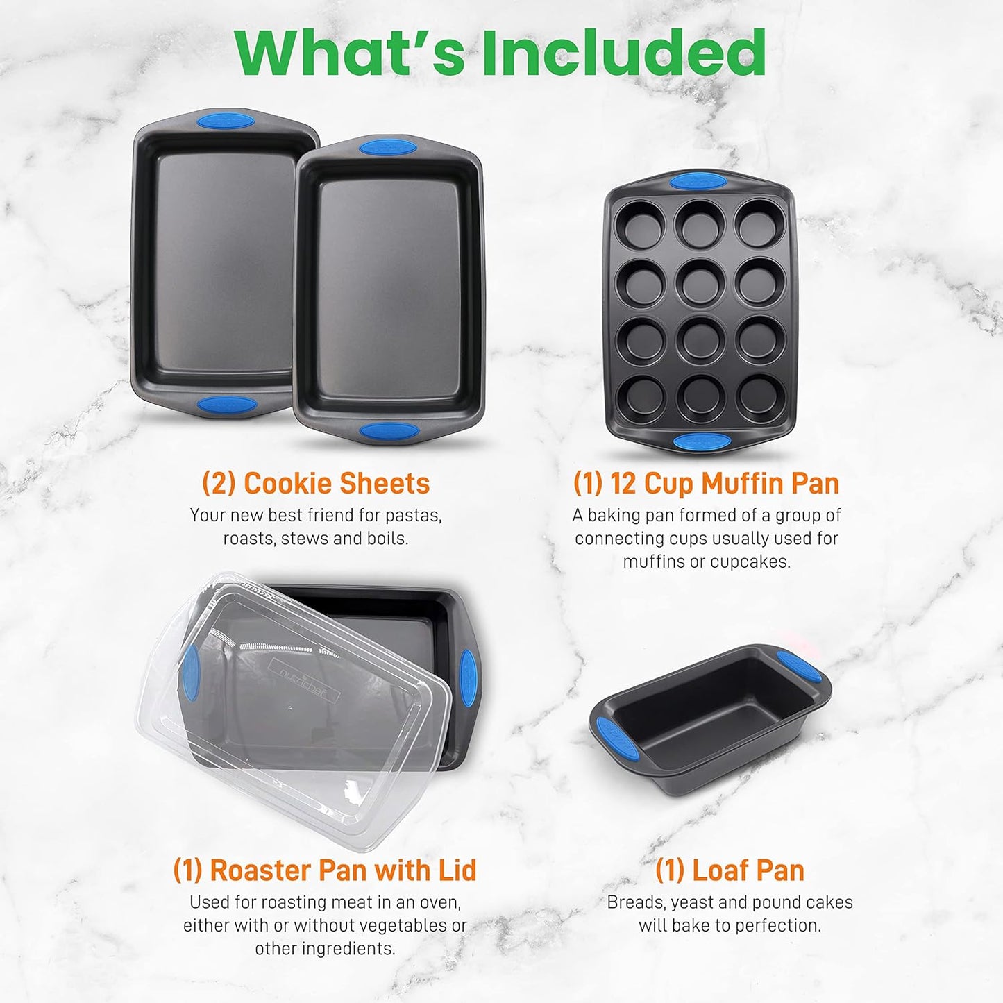 NutriChef 6-Piece Baking Pan Set - Nonstick Carbon Steel Bakeware with Blue Silicone Handles | Includes Cookie Sheets, Roaster Pan, Loaf Pan & Muffin Pan (Gray)