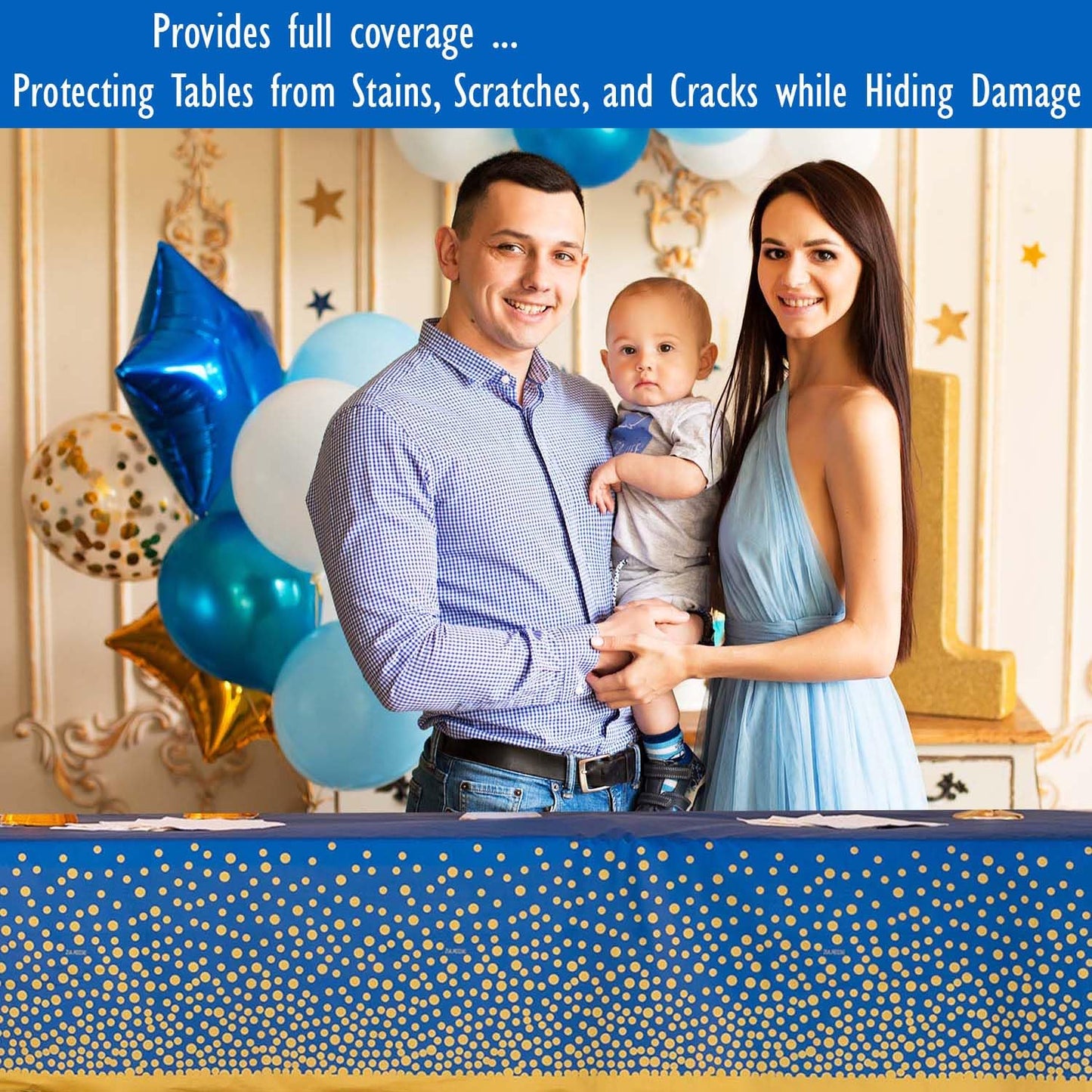 ZULADISE 2 Pack Premium Blue and Gold Plastic Tablecloths – Thick, Durable, Reusable Table Covers (54 x 108 in) – Disposable Party Tablecloths for Birthday, Graduation and Event Decorations