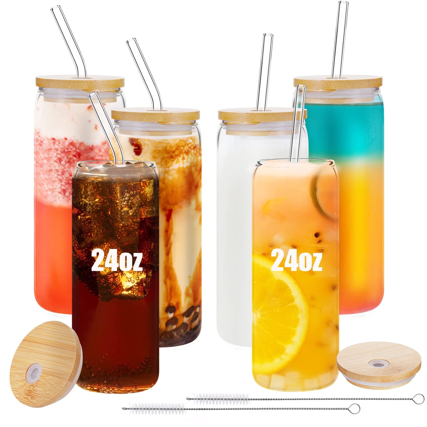 6 Pack 24oz Drinking Glasses Iced Coffee Cups Can Tumbler Glasses with Bamboo Lids and Straws Tumbler Glasses Cups Can Shaped Glass Gups Large Drinking Can Cups for Boba Smoothies Soda Juice Tea