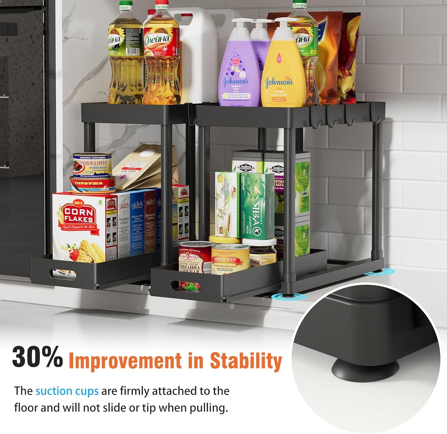 Skiennix Pull-Out Storage Organizers - Multi-Purpose Under Sink Bathroom & Kitchen Organizers | 2 Pack, Black