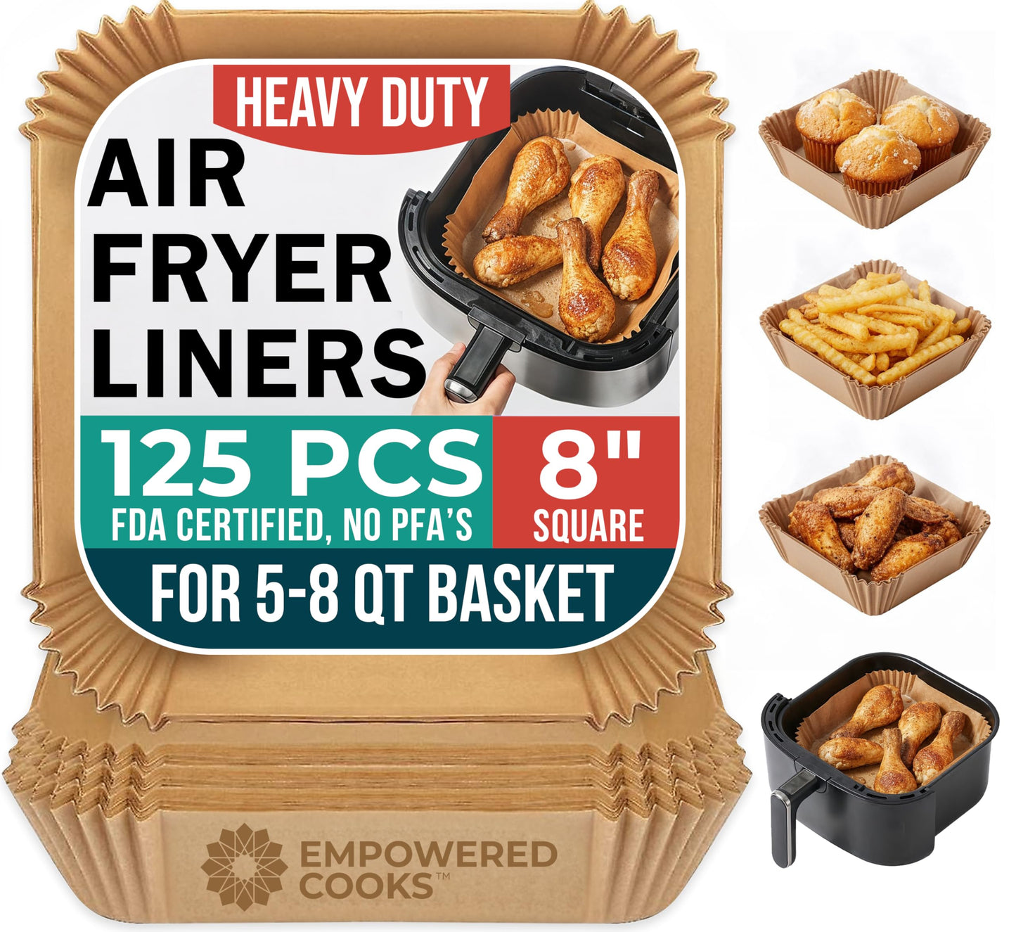 Cathy Yoder's AirFryer Paper Liners, 125 PCS 8-inch Square Air Fryer Liners Disposable, Premium, Food-Grade Easy Cleanup Air Fryer Parchment Paper Sheets, Airfryer Liner for 5-8QT, Baking & Roasting