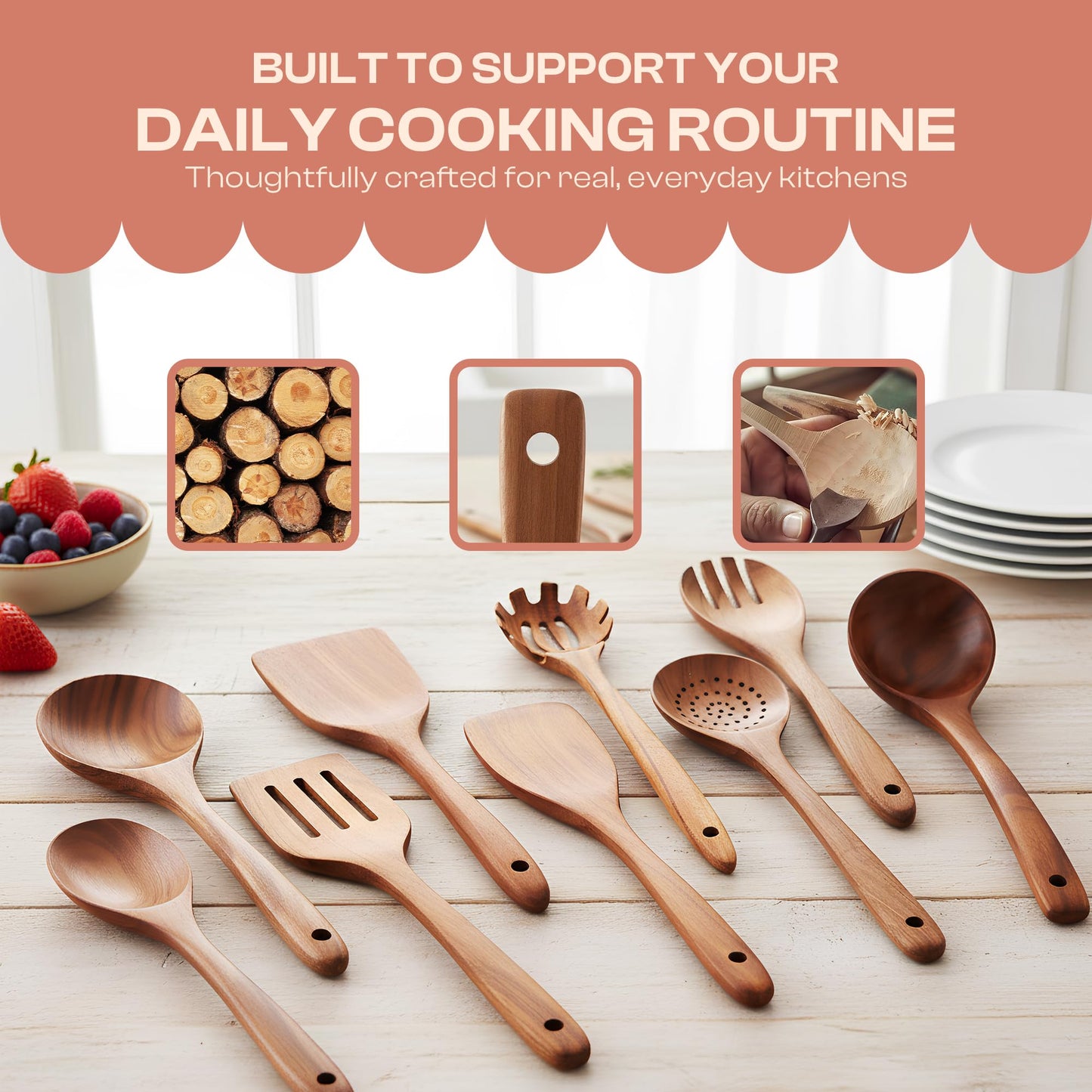 Sizle Masters 9-Piece Wooden Spoons for Cooking – Premium Teak Wood Utensil Set – Ergonomic Comfort-Grip Wood Tools Non-Stick Cookware Safe Easy to Clean Heat Resistant