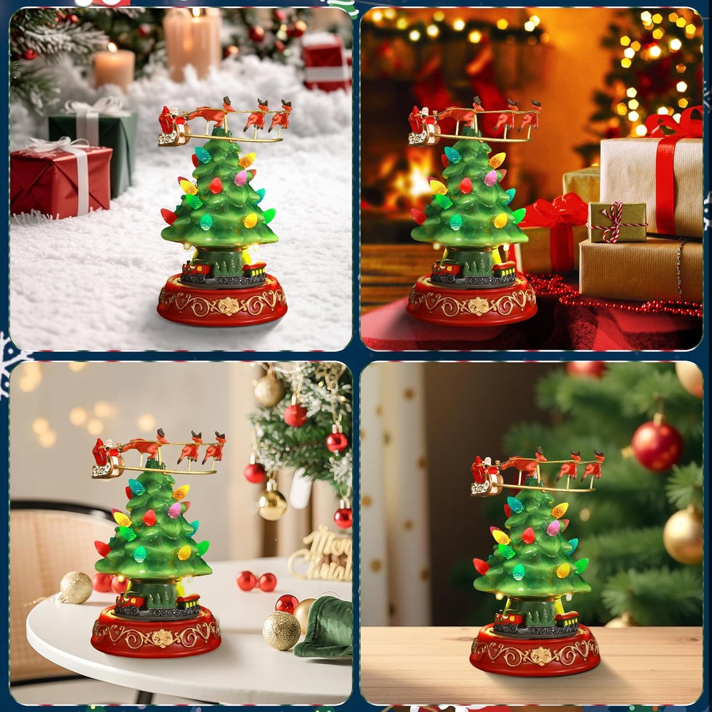 Musical Christmas Tree Decor - Rotating Train & Santa Elk Figurines with LED Lights | Festive Home Tabletop Decoration
