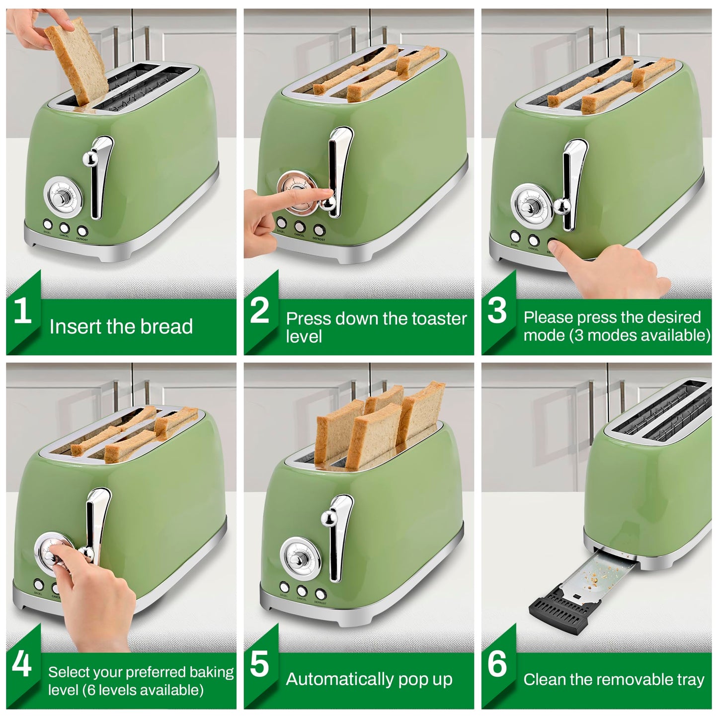 SUSTEAS Toaster 4 Slice Wide Slot, Stainless Steel Bread Bagel Toasters, Retro Long Slot Tostadora for Defrost, Reheat, Removable Crumb Tray, 1500W, 6 Browning Settings, Retro Green