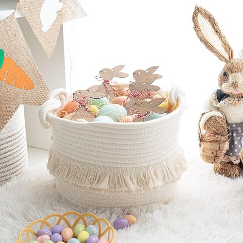 CherryNow Woven Storage Baskets - 9.5'' x 7'' Cotton Rope Hamper for Diapers, Blankets & More | Off-White with Cute Tassel