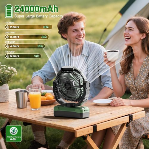 FRIZCOL 3-in-1 Camping Fan - Portable Rechargeable Fan with 24000mAh Battery, Light & Remote - Green